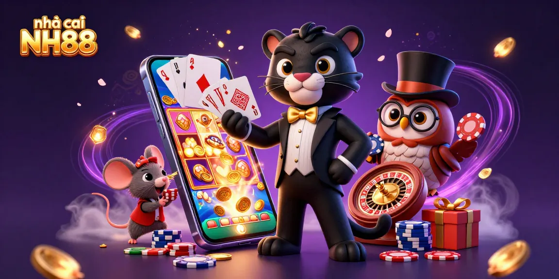 Engage with the vibrant universe of nhà cái NH88 featuring a stylish black panther dealing cards, surrounded by lively gaming elements.