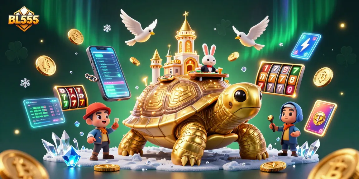 Experience the thrill of BL555 with a lively casino illustration featuring golden tortoises and vibrant game elements.