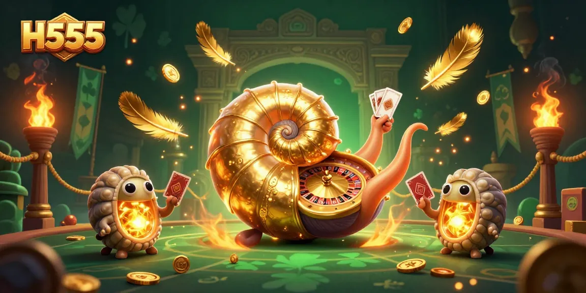 Experience the thrill of H555's vibrant casino scene with a nautilus roulette wheel and glowing cards.