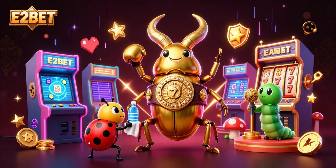 E2BET slots scene featuring a golden stag beetle boxer surrounded by vibrant game elements.
